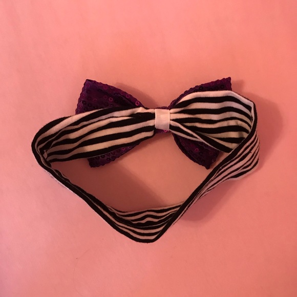 Halloween Black White Striped Headband Purple Bow - Picture 4 of 5